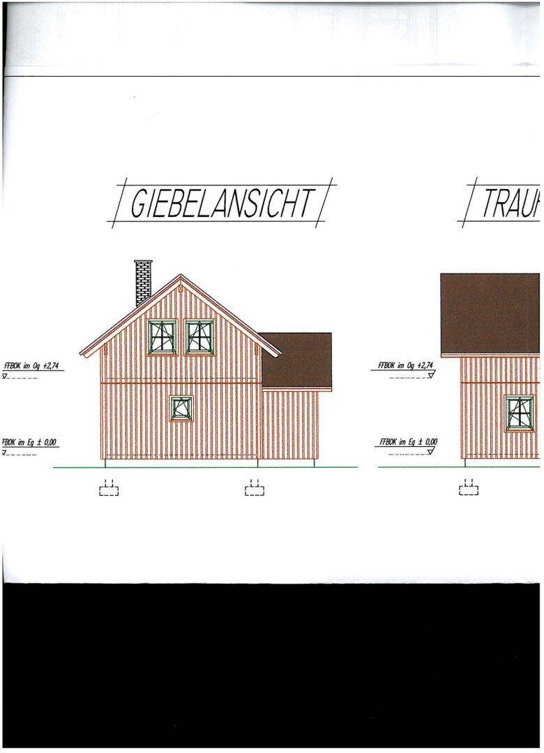 Seitenansichten eines Holzhauses, die die Giebel- und Traufenseite darstellen.