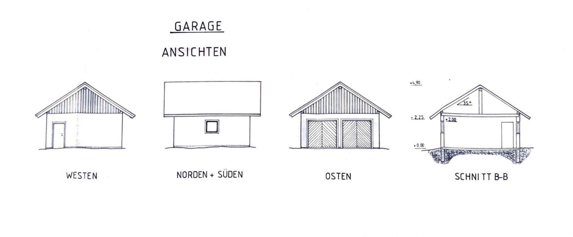Verschiedene Ansichten und ein Schnitt der Garage, die ihre Bauweise und Form zeigen.