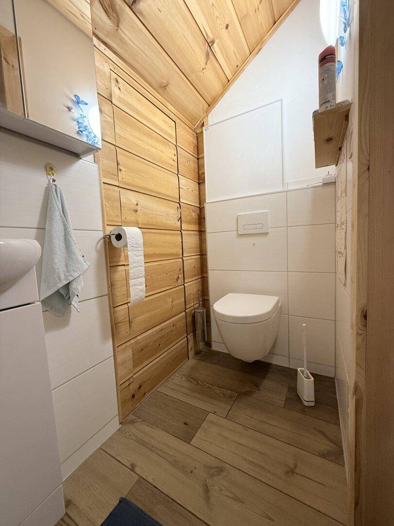 Kleines Gäste-WC mit Holzwänden, wandmontierter Toilette und Holzboden.