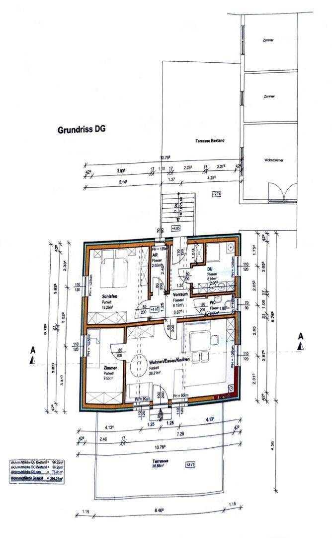Moderner Grundriss des Dachgeschosses mit Schlafzimmer, offenem Wohn-Essbereich und großer Terrasse.