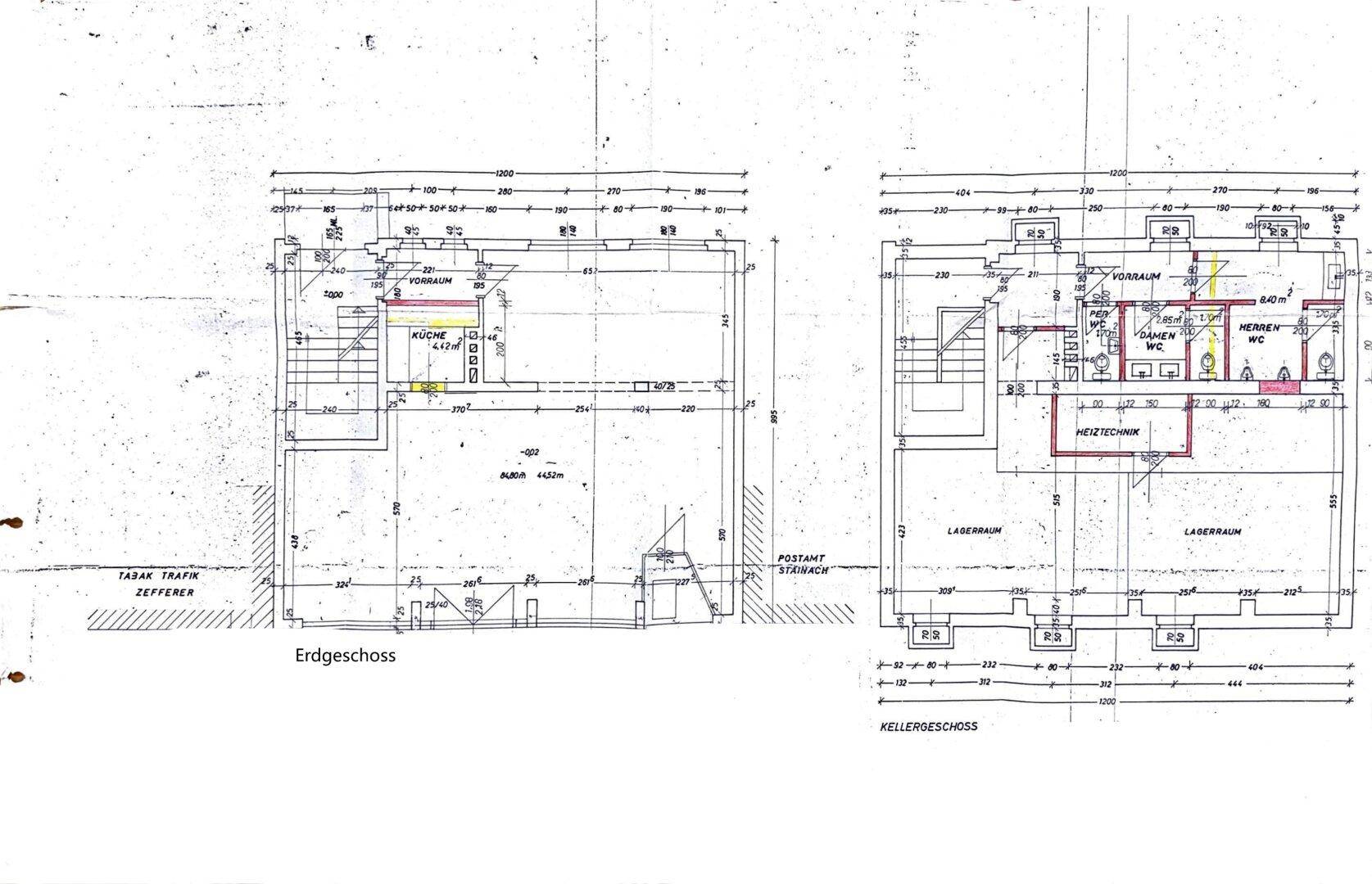 Grundrisse für Erdgeschoss und Kellergeschoss mit verschiedenen Räumen und Maßen.