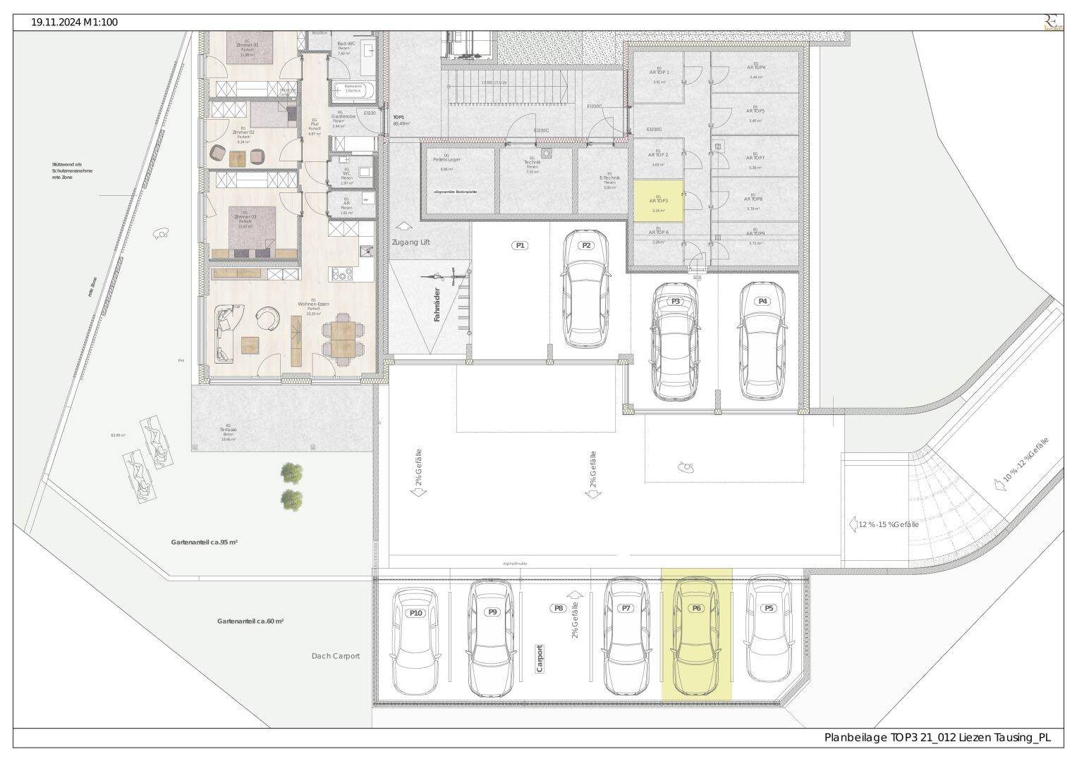 Grundriss einer Gartenwohnung mit offenem Wohnbereich, zwei Bädern, Gartenanteil und Tiefgaragenstellplätzen.