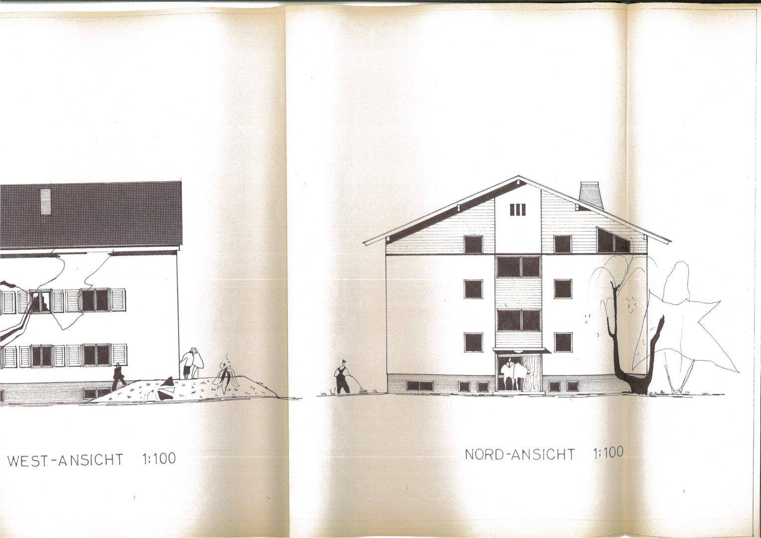 Architektonische West- und Nord-Ansichten des Gebäudes mit Fenstern und Eingangsbereich.