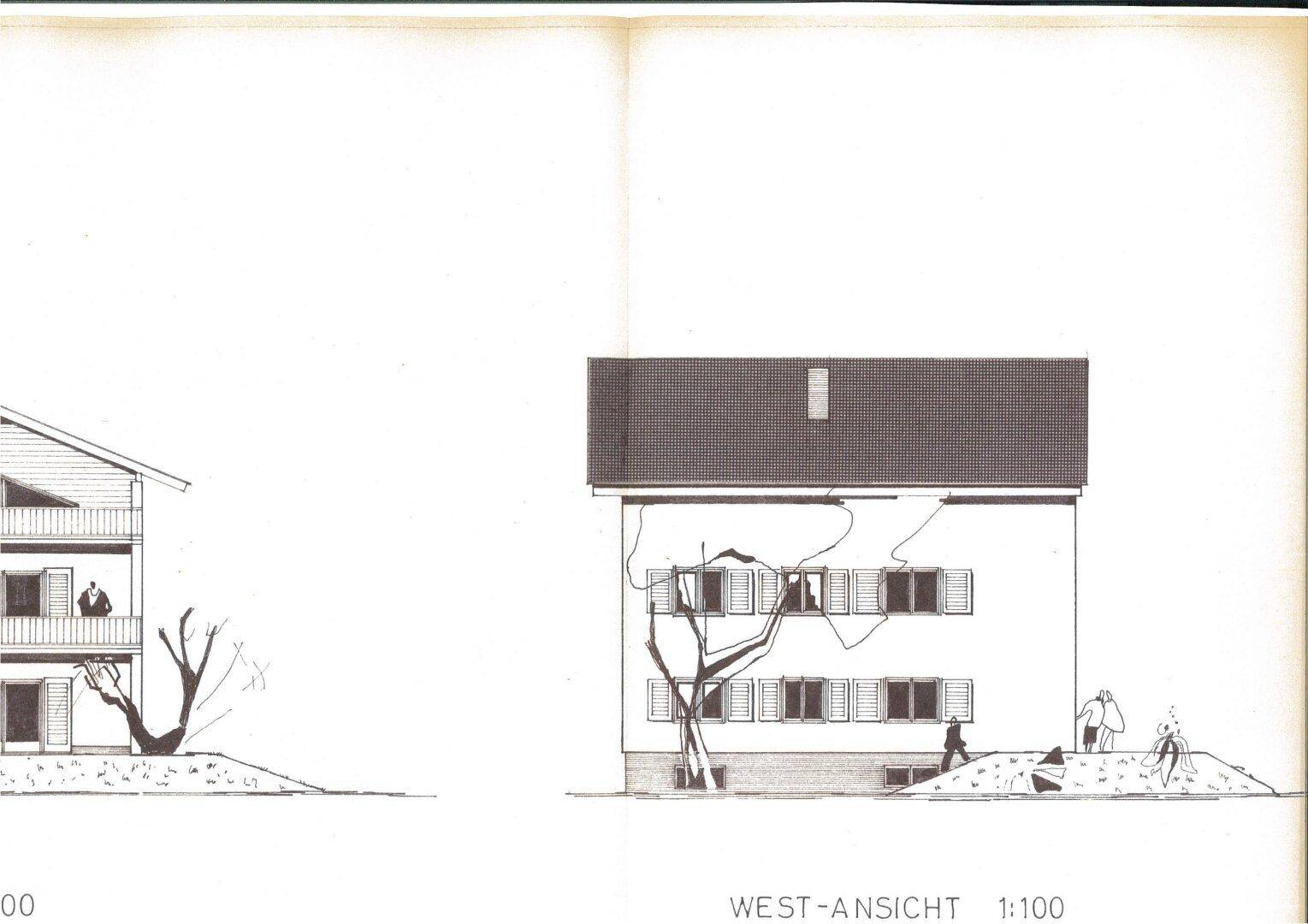Architektonische West-Ansicht des Gebäudes mit Fenstern und Details der Fassade.