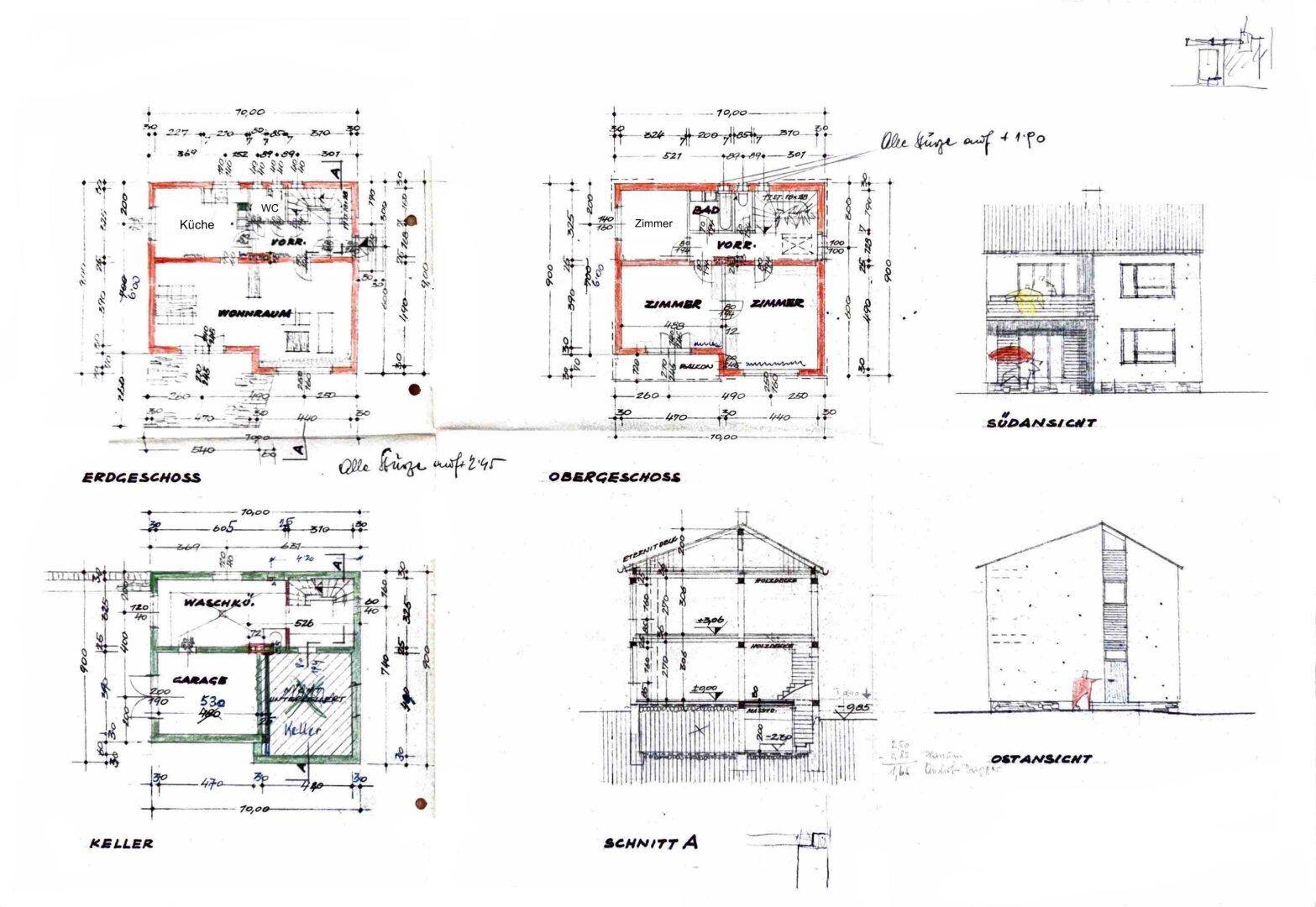 Detaillierte Baupläne mit Grundrissen für Erdgeschoss, Obergeschoss, Keller und Ansichten des Hauses.