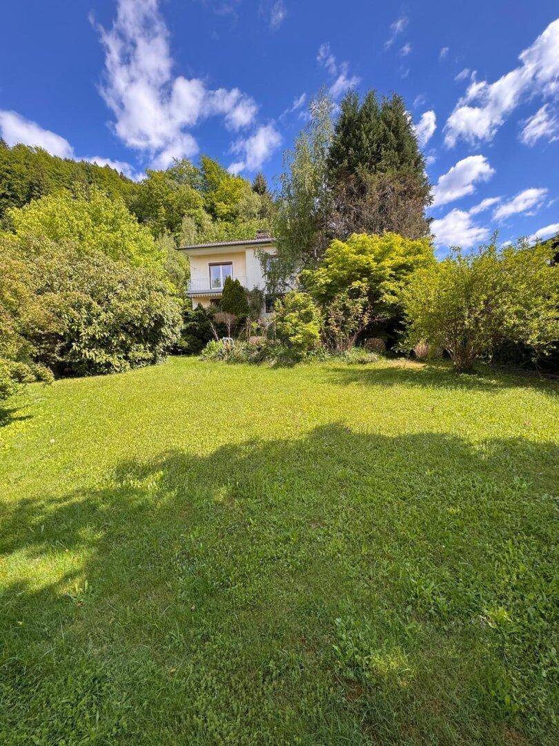 Heller Garten mit weitläufiger Rasenfläche und dem Wohnhaus, umgeben von üppigem Grün.