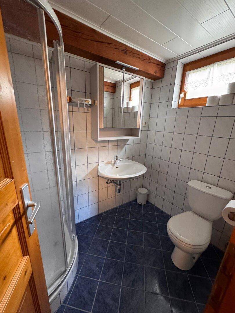 Helles Badezimmer mit Dusche, WC und Waschbecken, weißen Fliesen und Holzdetails.