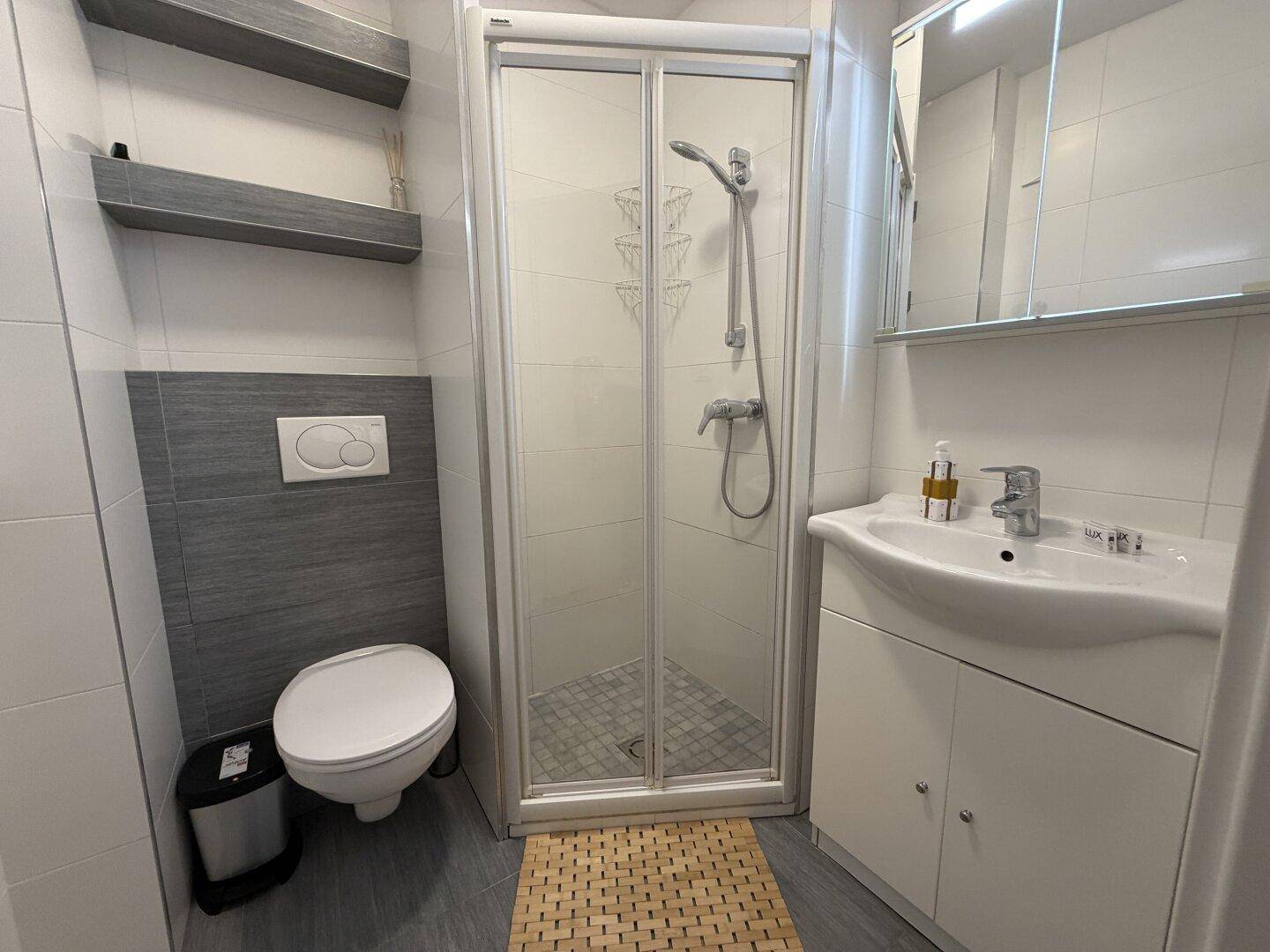 Modernes Badezimmer mit Dusche, Wand-WC und Waschbeckenunterschrank, in hellen Grautönen gehalten.