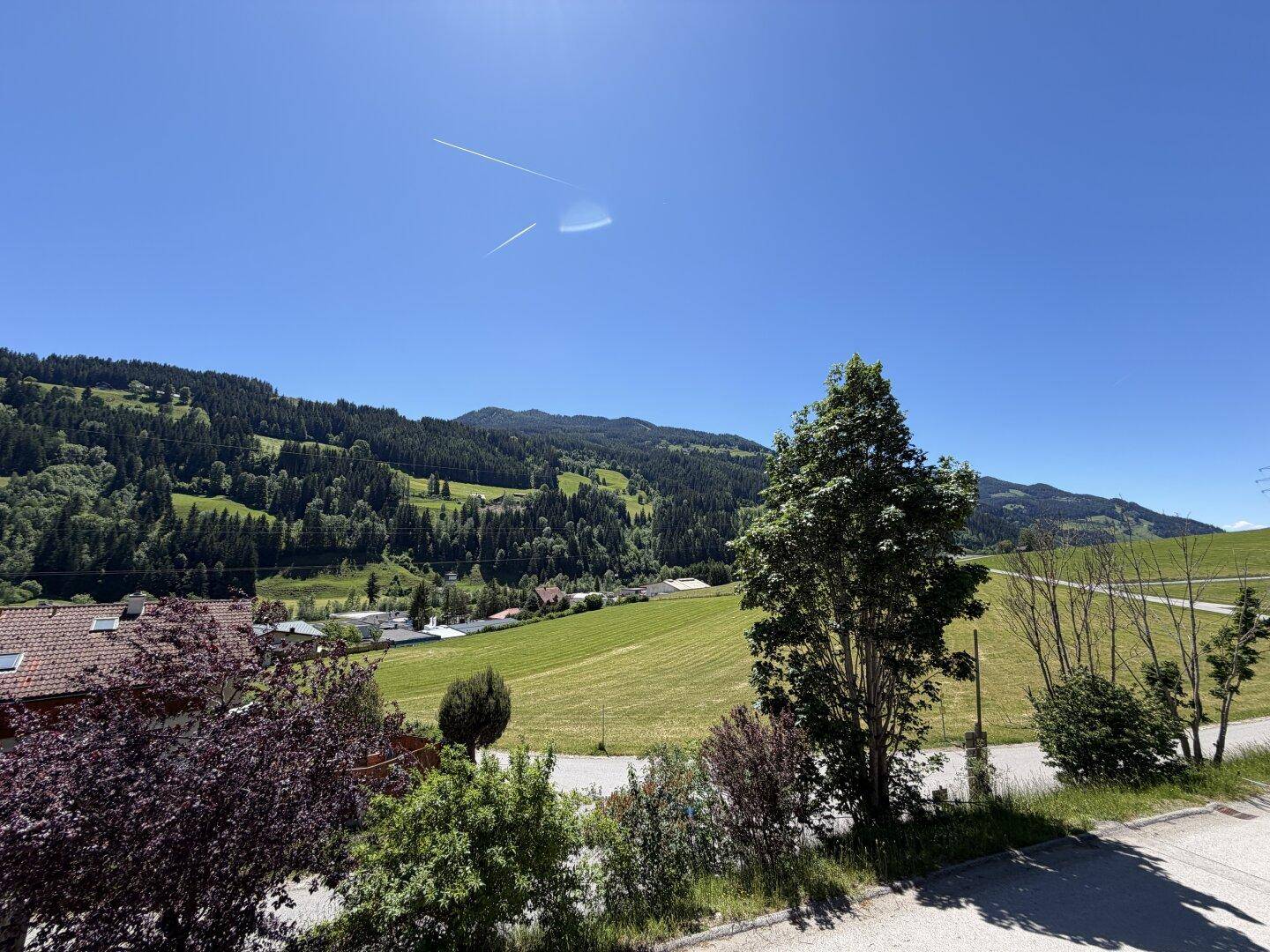 Weitläufiger Blick über grüne Hügel und Wälder unter strahlend blauem Himmel.