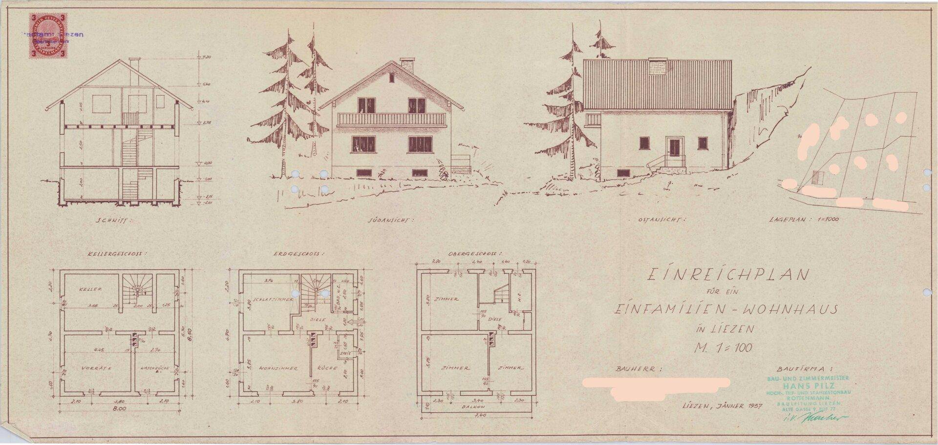 Historischer Einreichplan eines Einfamilienwohnhauses mit verschiedenen Grundrissen und Ansichten.