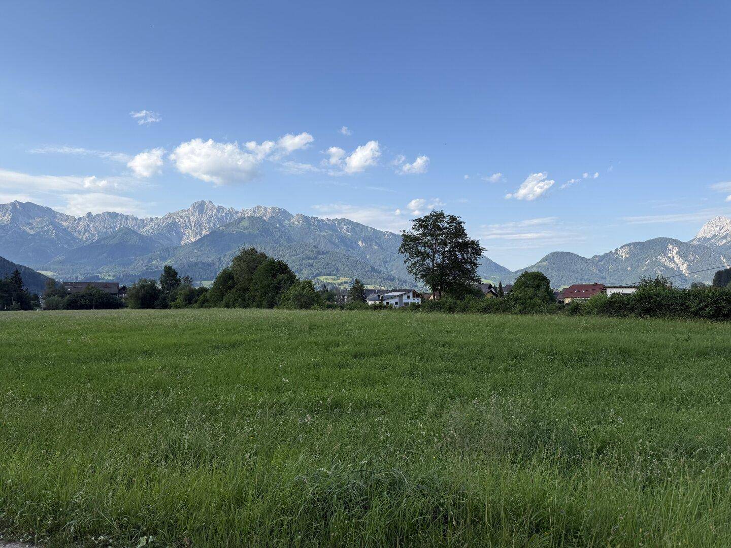 Sonnige Wiesenlandschaft mit Blick auf eine beeindruckende Bergkette und vereinzelte Häuser im Hintergrund.