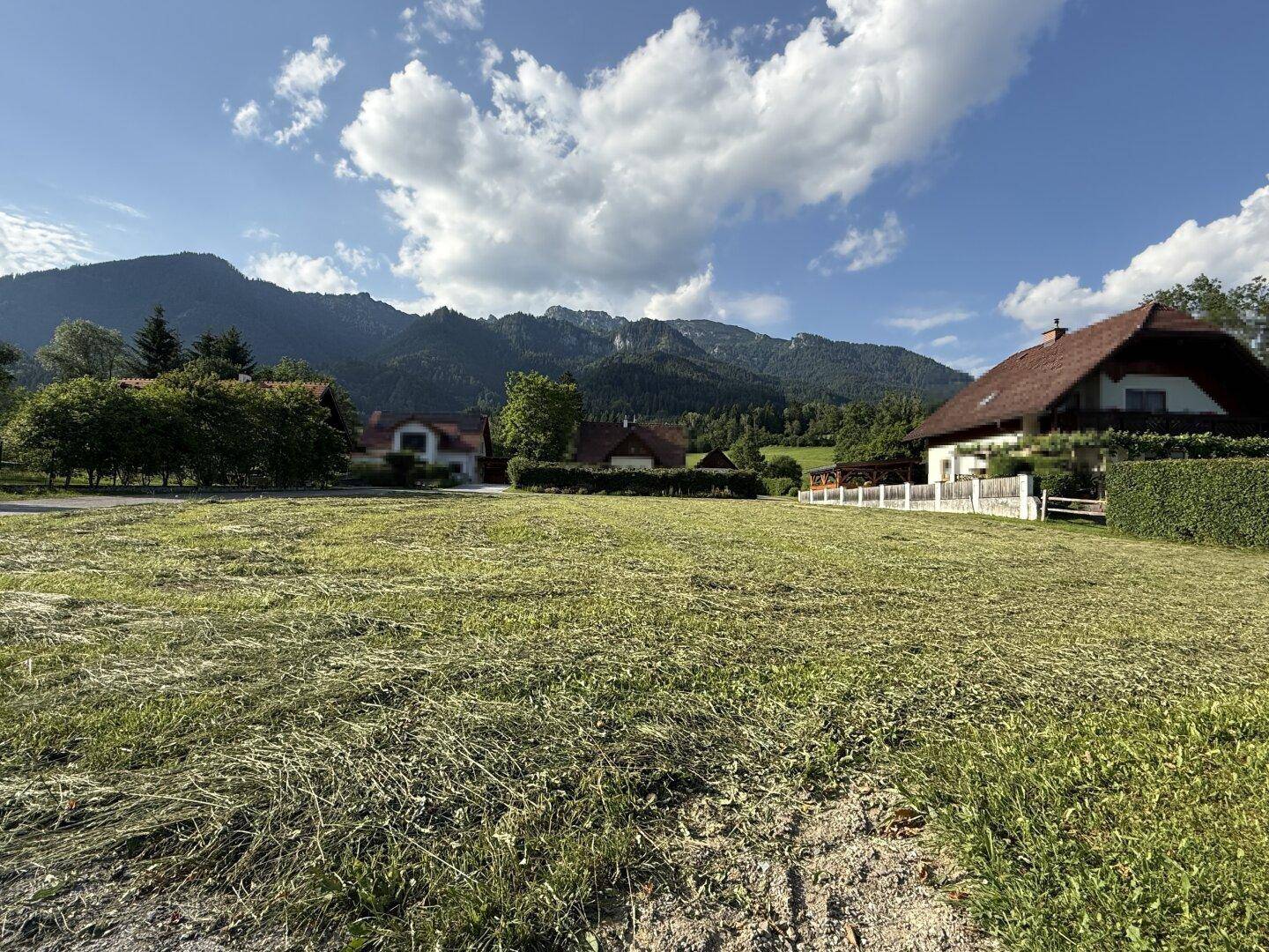 Weite Wiesenlandschaft mit Blick auf bewaldete Berge und ländliche Häuser unter einem bewölkten Himmel.