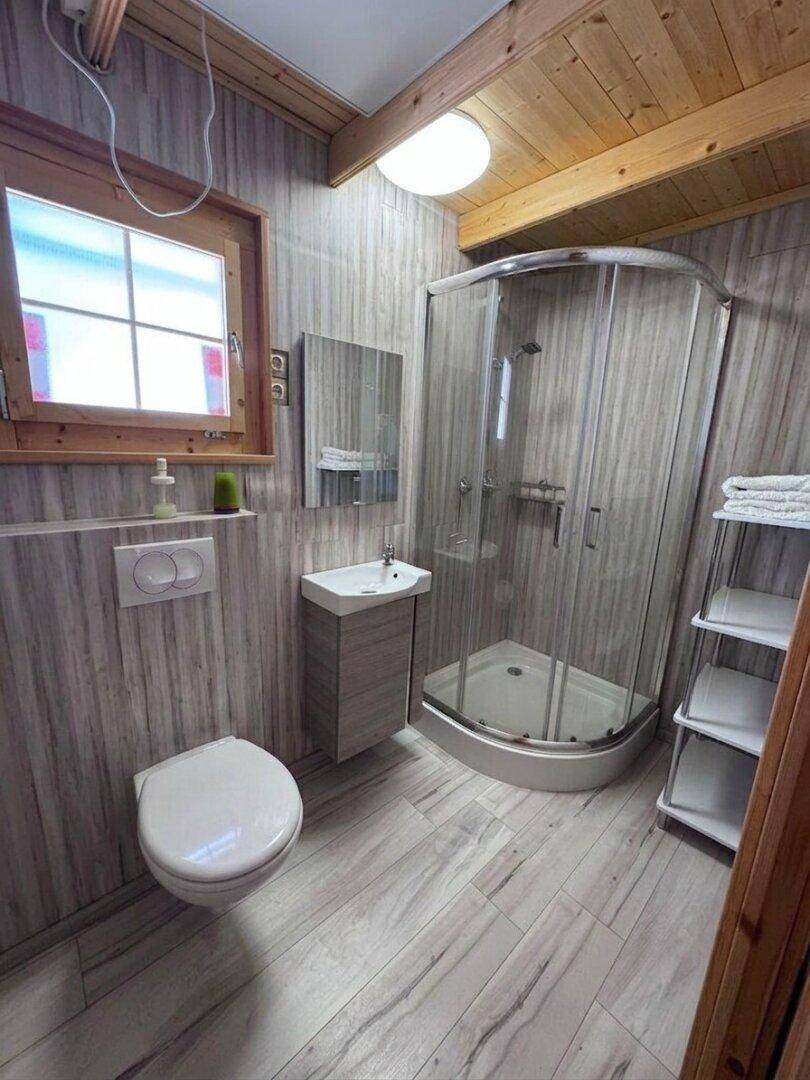 Modernes Badezimmer in Holzhütte mit Duschkabine, Waschbecken und WC.