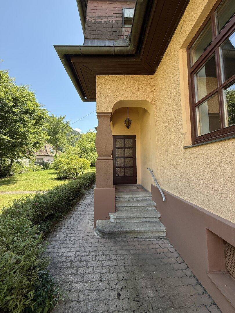 Eingangsbereich des Hauses mit Steinstufen, gepflastertem Weg und einem schützenden Vordach.