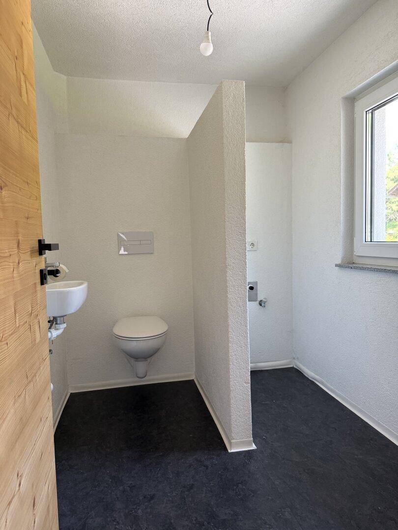 Separates Gäste-WC mit wandhängender Toilette, kleinem Waschbecken und Fenster.