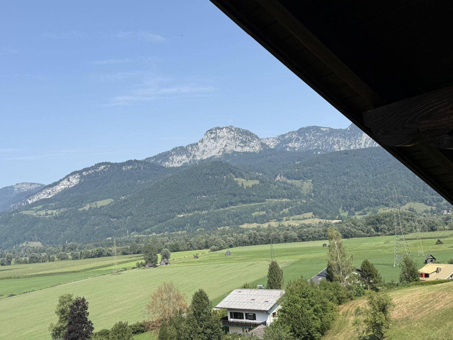 Weitläufiger Blick vom Balkon über die grüne Landschaft mit Feldern und bewaldeten Bergen.