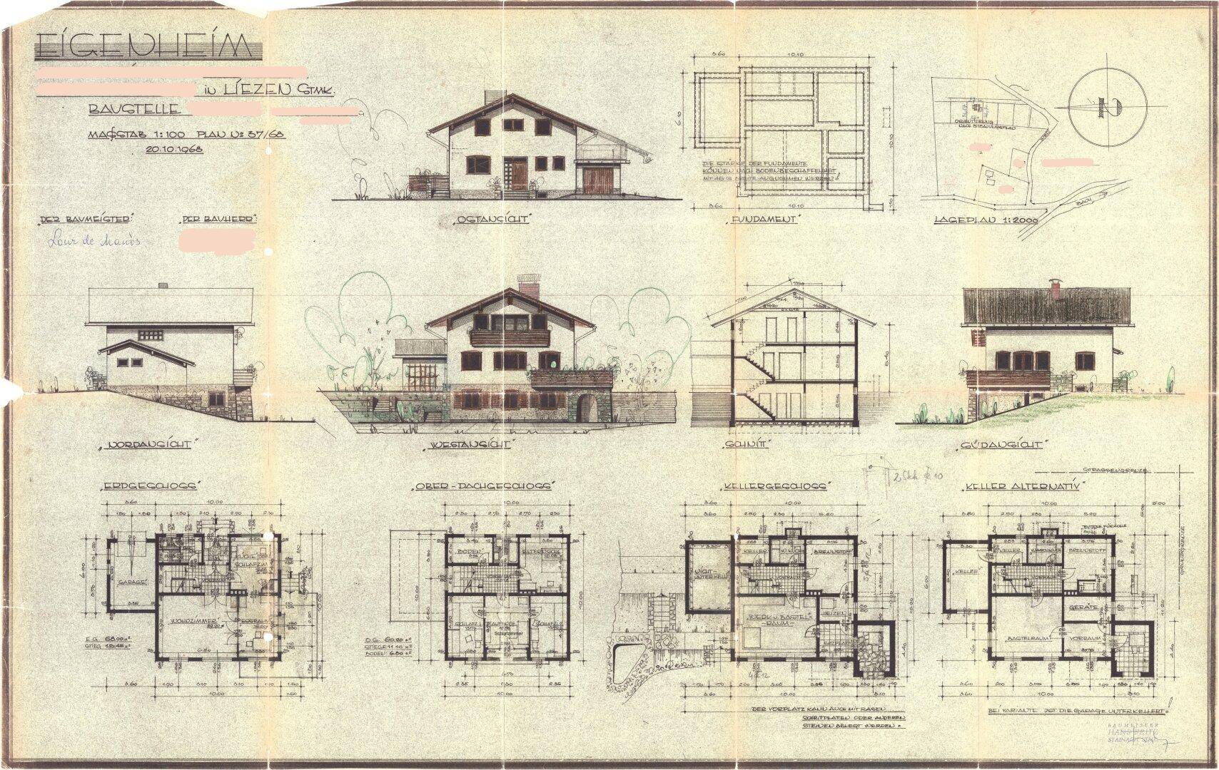 Detaillierter Bauplan des Eigenheims mit verschiedenen Ansichten und Grundrissen.