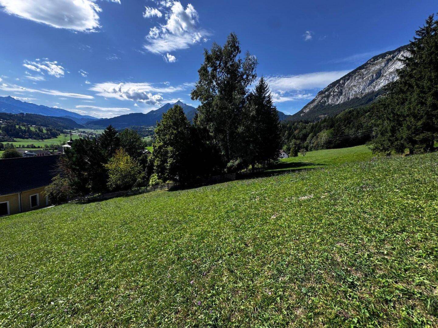 Weite grüne Wiese mit vereinzelten Bäumen und einem beeindruckenden Bergpanorama im Hintergrund.