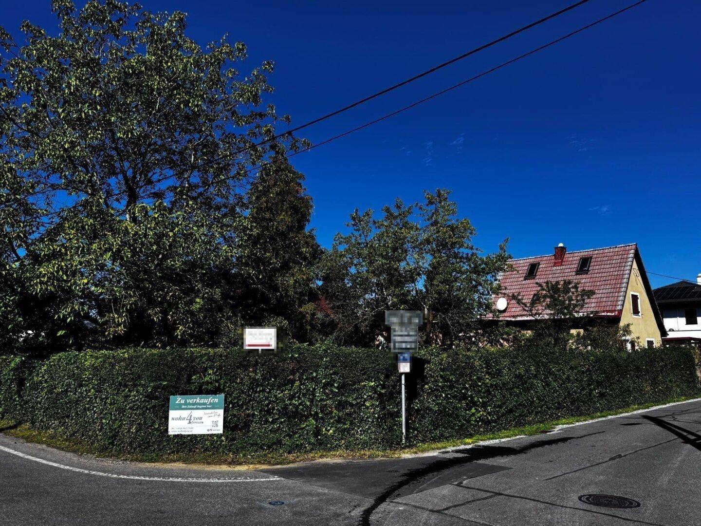 Blick auf das Grundstück von der Straße, umgeben von einer hohen Hecke und Bäumen.