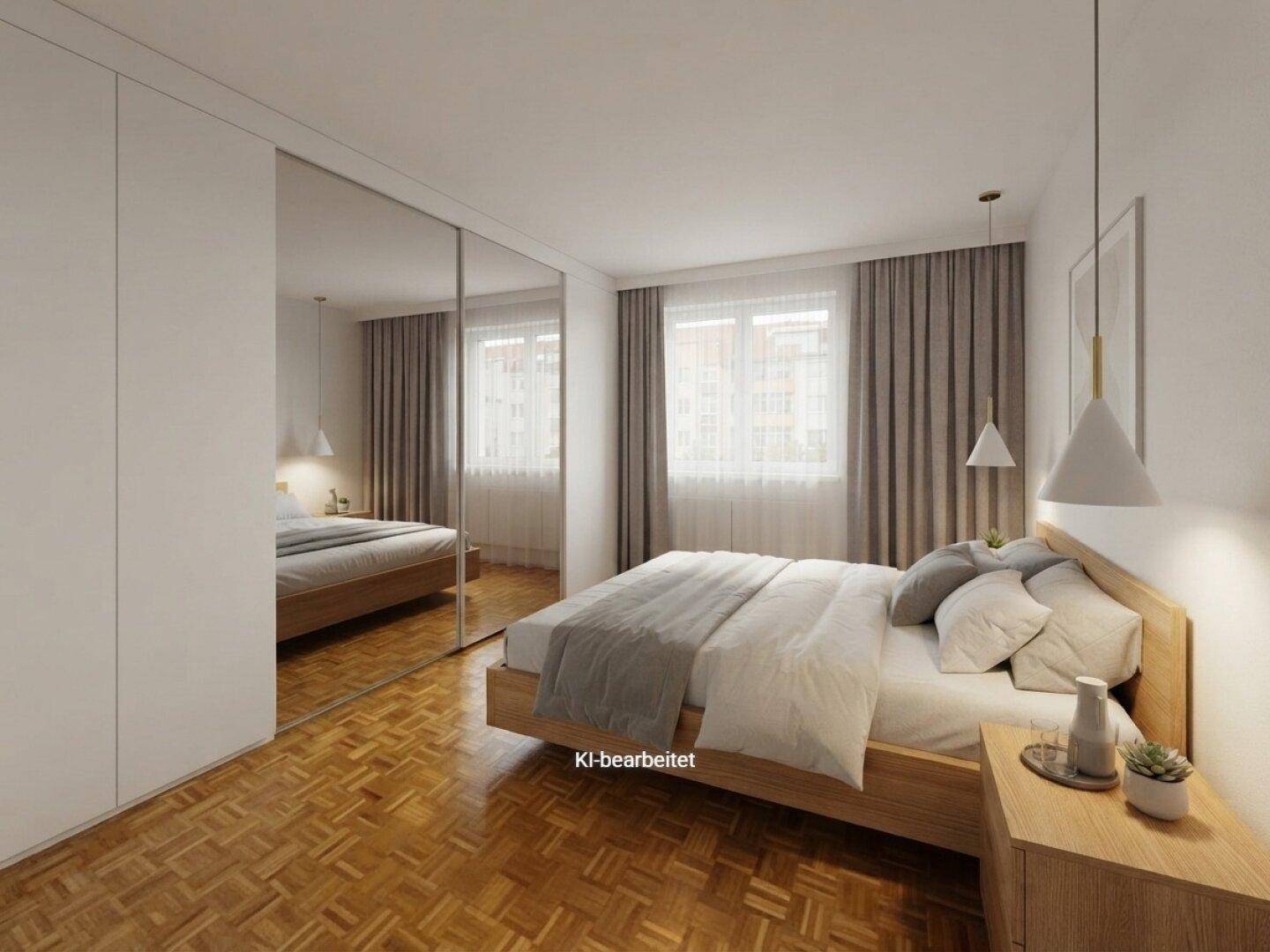 Helles Schlafzimmer mit Parkettboden, großem Spiegelschrank und modernem Holzbett.