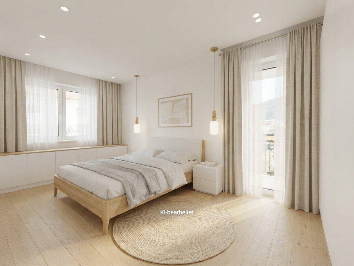 Lichtdurchflutetes Schlafzimmer mit Holzboden, Zugang zu einem französischen Balkon und minimalistischer Einrichtung.