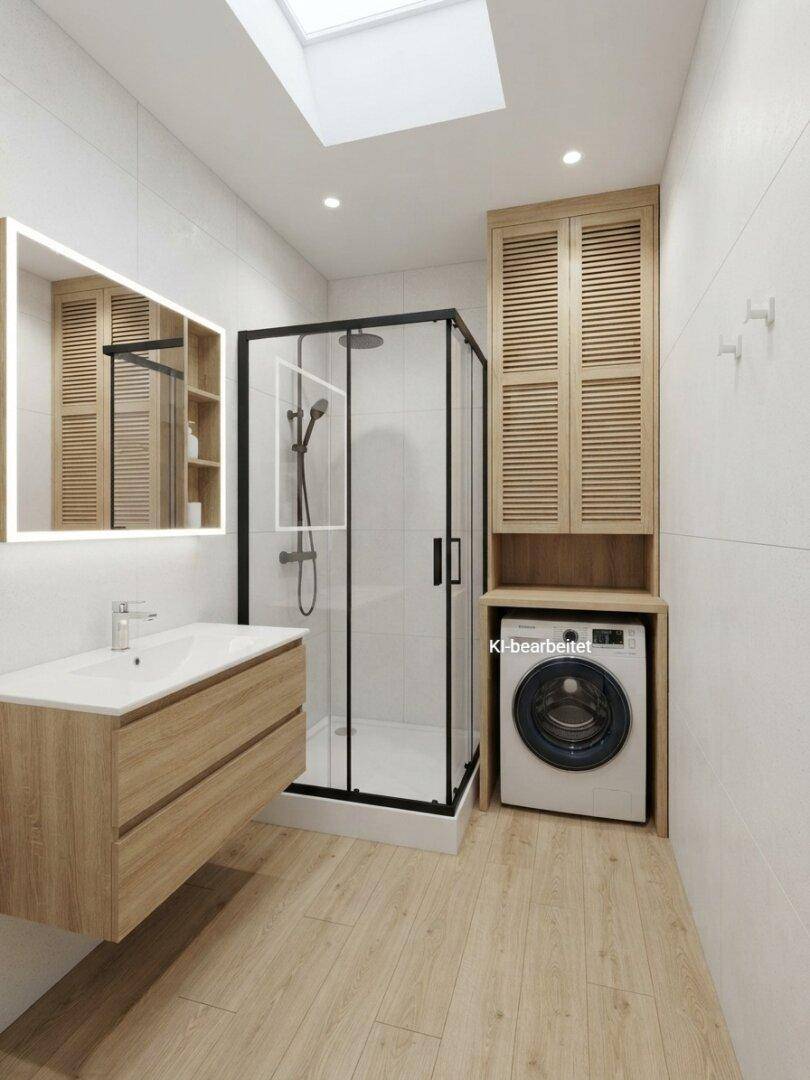 Modernes Badezimmer mit Dusche, Waschmaschine, Holzschrank und Oberlicht für natürliche Belichtung.