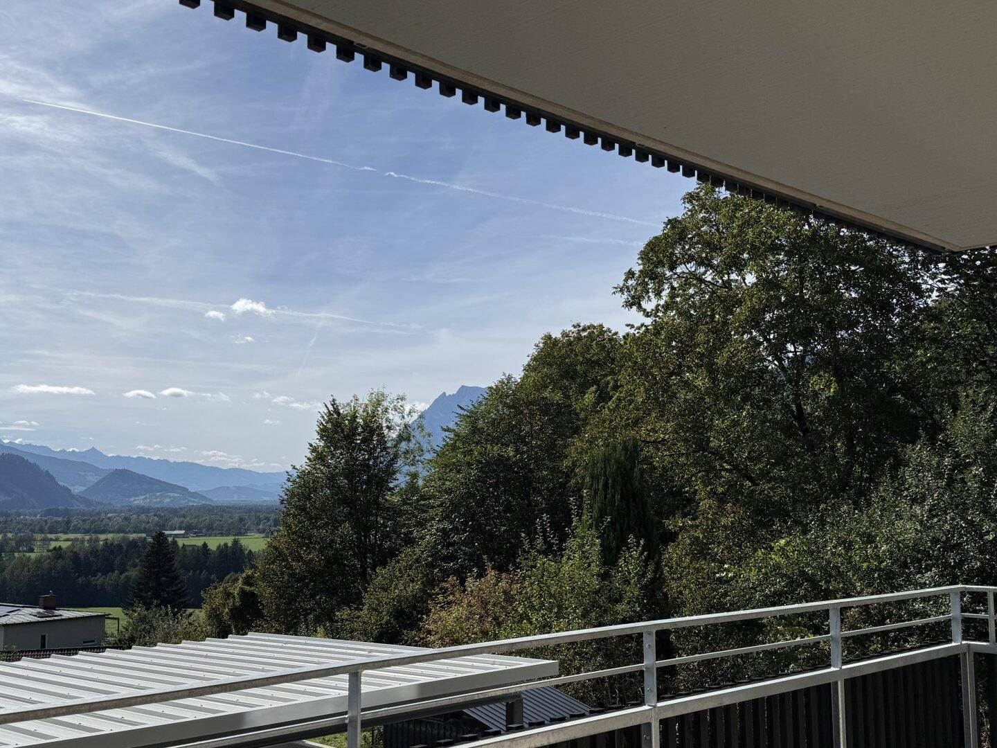 Panoramablick vom Balkon auf grüne Bäume und die umliegende Berglandschaft.