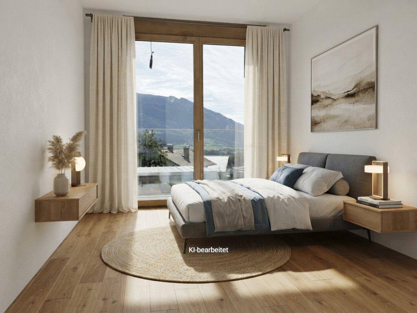 Modernes Schlafzimmer mit Holzboden, großen Fenstern, Bergblick und minimalistischer Einrichtung.