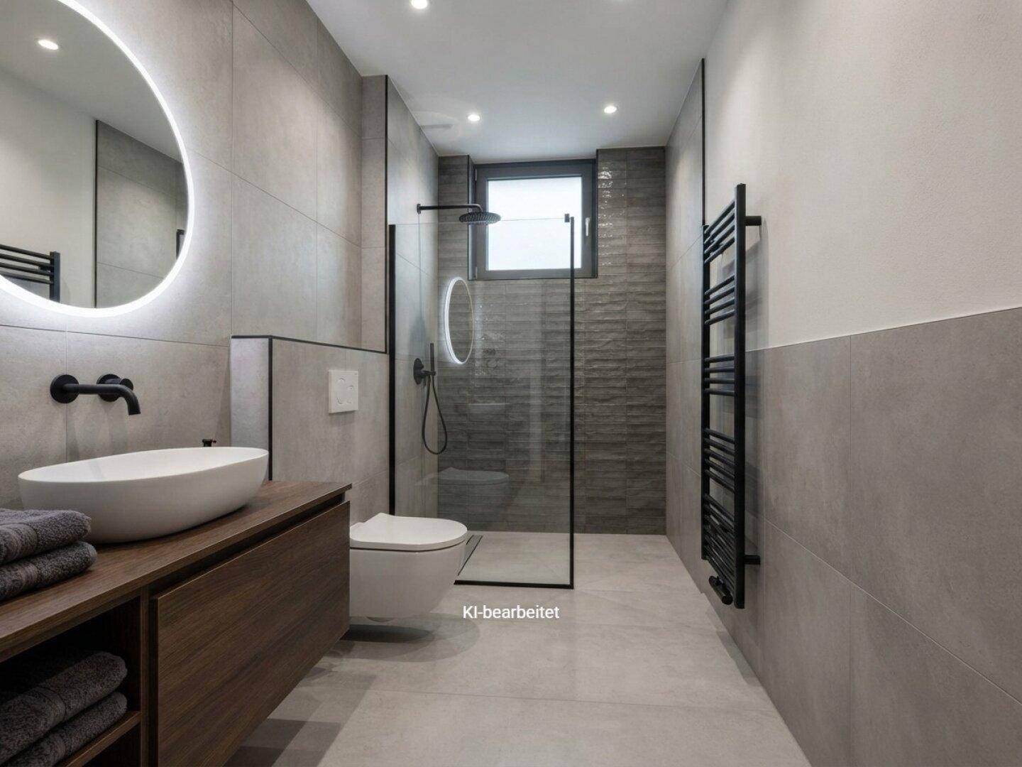 Modernes Badezimmer mit grauen Fliesen, begehbarer Dusche, Einzelwaschbecken und Fenster.