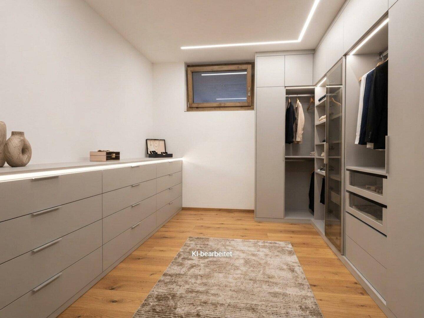 Geräumiger Ankleidebereich mit Einbauschränken, Holzboden und integrierter Beleuchtung.