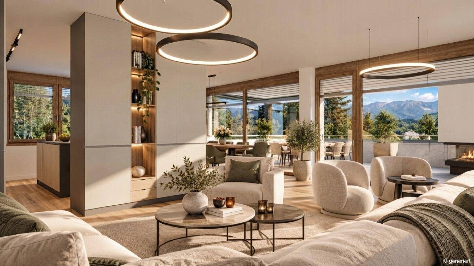 Lichtdurchfluteter offener Wohn- und Essbereich mit modernem Design, Kamin und beeindruckendem Bergblick.
