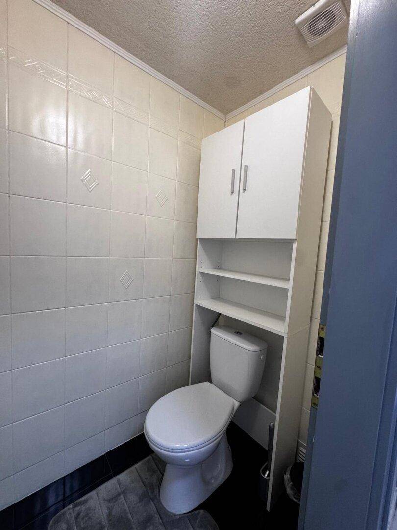 Kleines WC mit weißer Toilette, Wandfliesen und einem schmalen Hochschrank.
