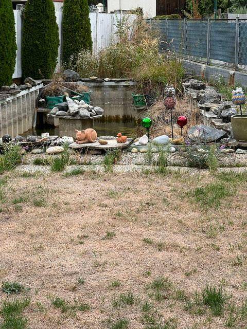 Gartenbereich mit Teich, Steinen und trockenem Rasen, dekoriert mit Gartenfiguren.