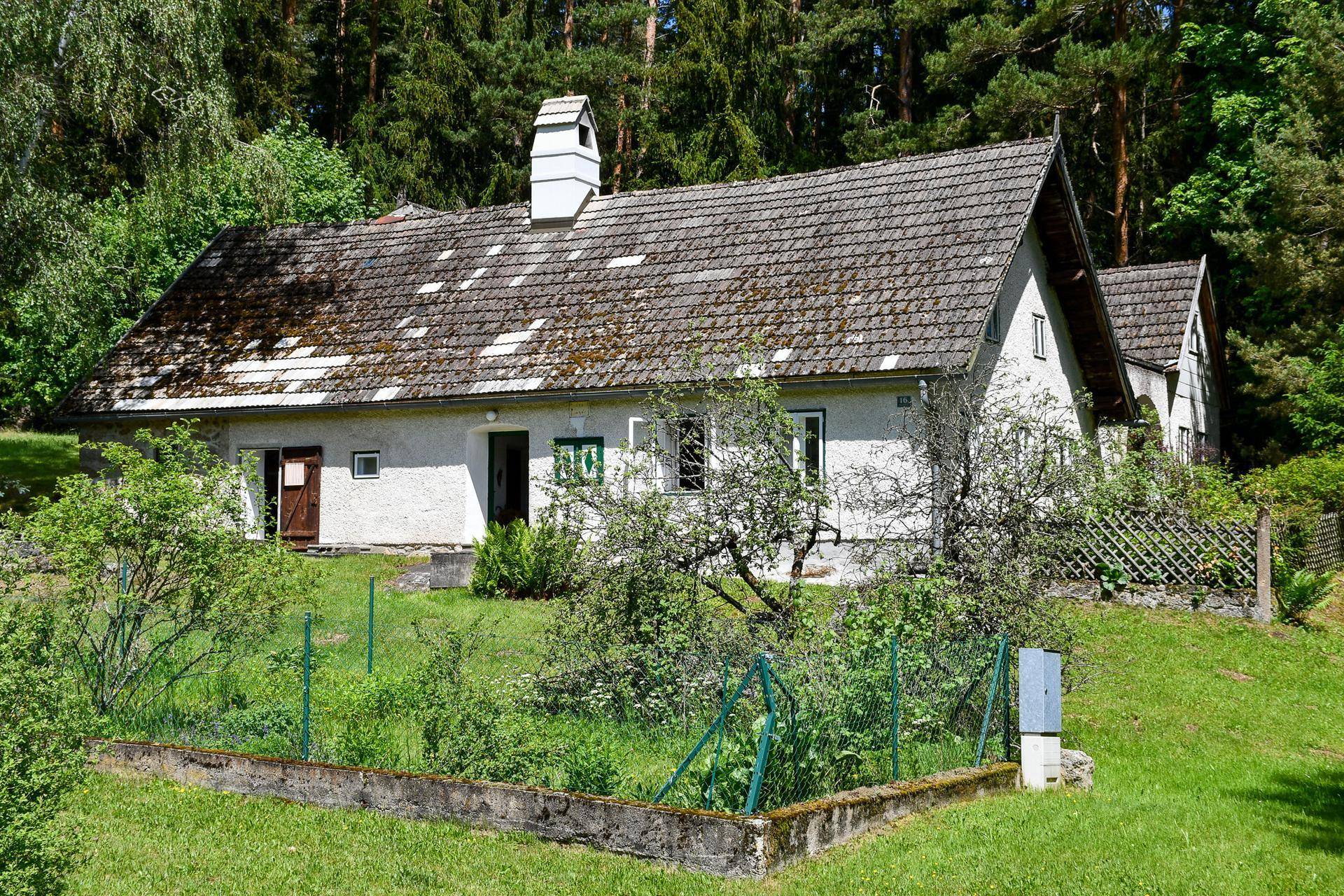 Ländliches Haus mit grünem Gartenbereich und bewaldeter Umgebung unter blauem Himmel.