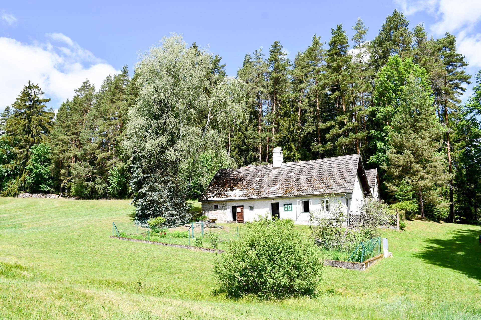 Freistehendes Landhaus mit weißer Fassade, umgeben von weitläufigen Wiesen und Wald.