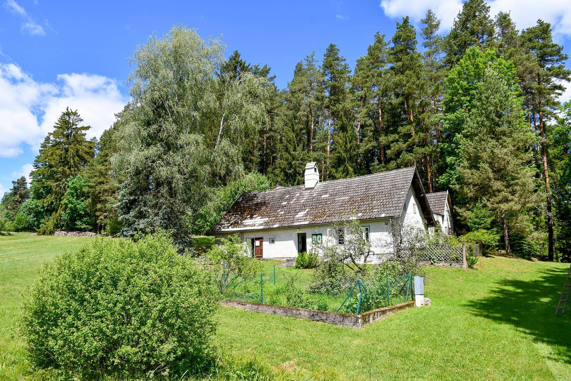 Charmantes Landhaus in idyllischer Lage, umgeben von weiten Wiesen und dichtem Wald.