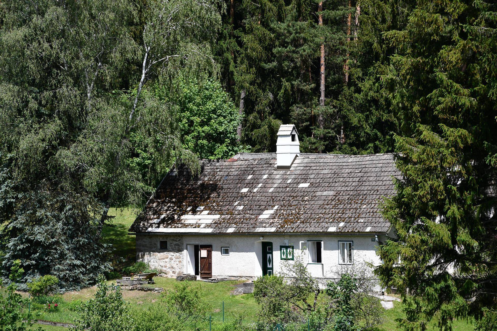 Ländliches Anwesen mit weißer Fassade und traditionellem Dach, umgeben von üppigem Grün.