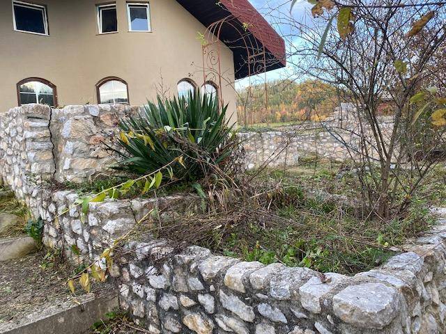 Detailansicht der Natursteinmauer und der Bepflanzung im Vorgarten, mit dem Haus im Hintergrund.