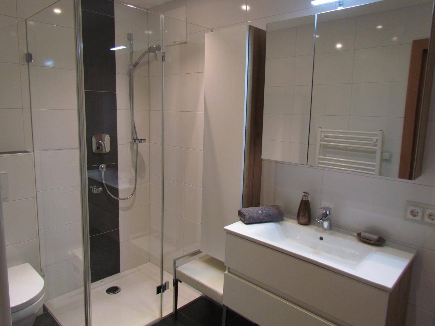 Modernes Badezimmer mit begehbarer Dusche, Einzelwaschbecken und Handtuchheizkörper.