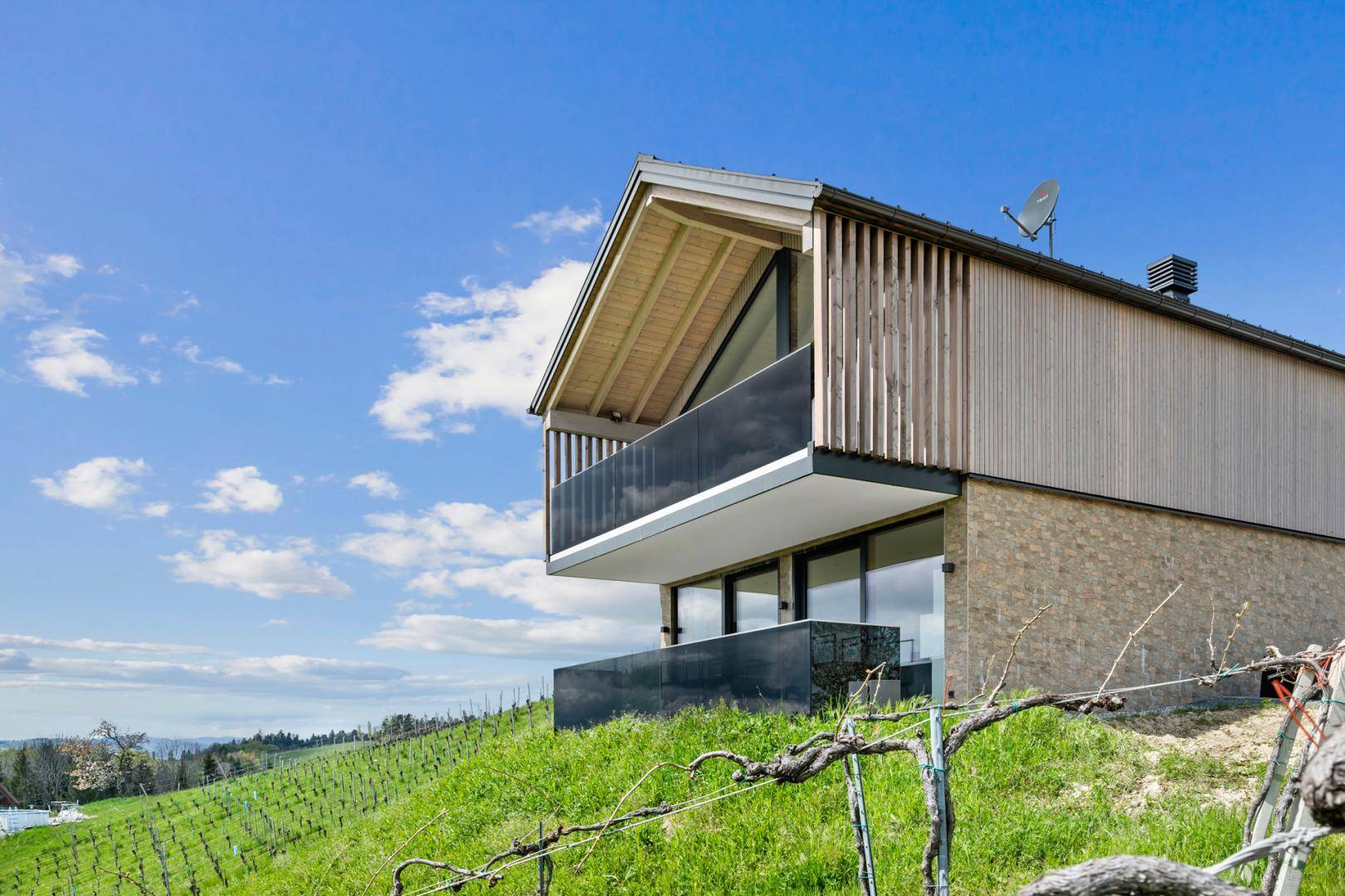 Nahaufnahme eines modernen Hauses mit Holzfassade, großen Fenstern und Balkon, umgeben von Weinbergen.