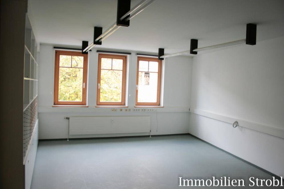 Leerer Büroraum mit drei Fenstern, die viel natürliches Licht hereinlassen, und einem Heizkörper unter den Fenstern.