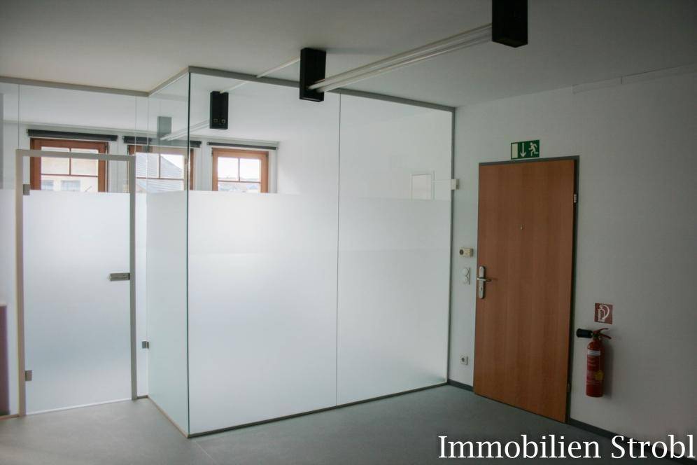Innenraum mit modernen Milchglas-Trennwänden, Holztür und Sicherheitsausstattung, geeignet für Büros.