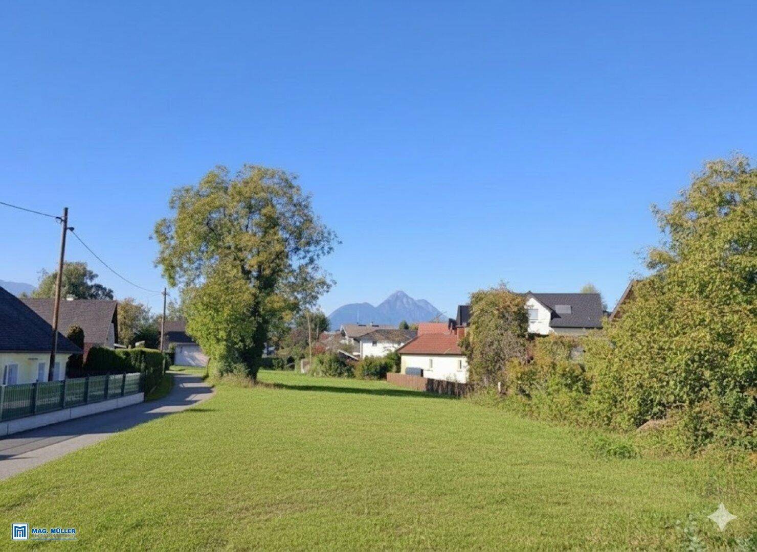 Weitläufige Grünfläche mit Blick auf umliegende Häuser und majestätische Berge im Hintergrund.