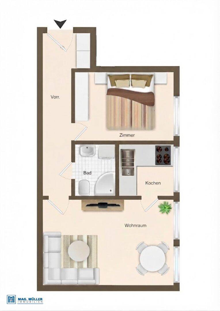 Grundriss einer Wohnung mit Wohnraum, Küche, Bad und Schlafzimmer.