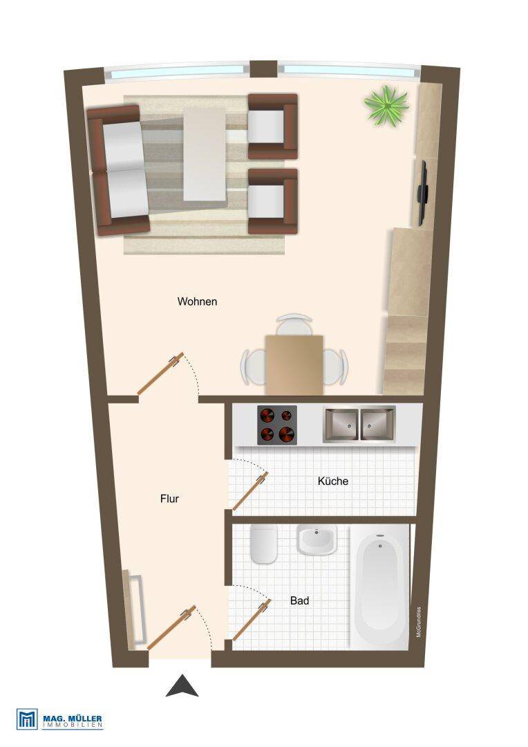 Grundriss einer Wohnung mit Wohnbereich, Küche, Bad und Flur.