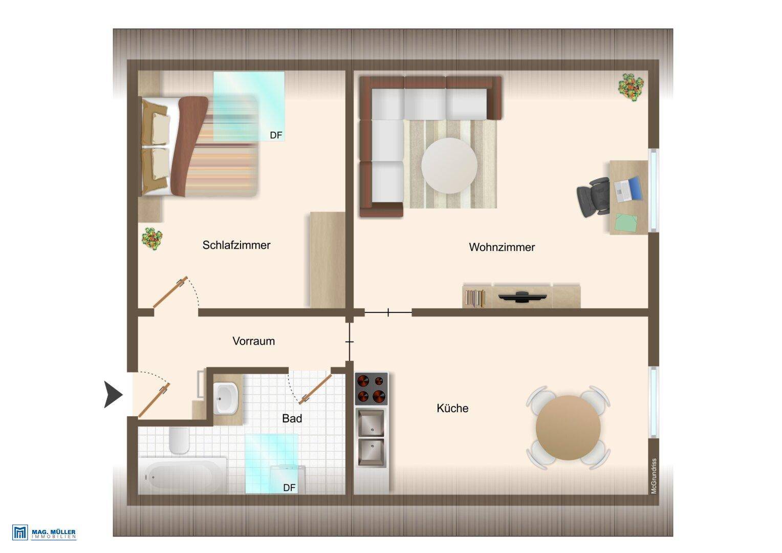 Grundriss einer Dachgeschosswohnung mit Schlafzimmer, Wohnzimmer, Küche und Bad.