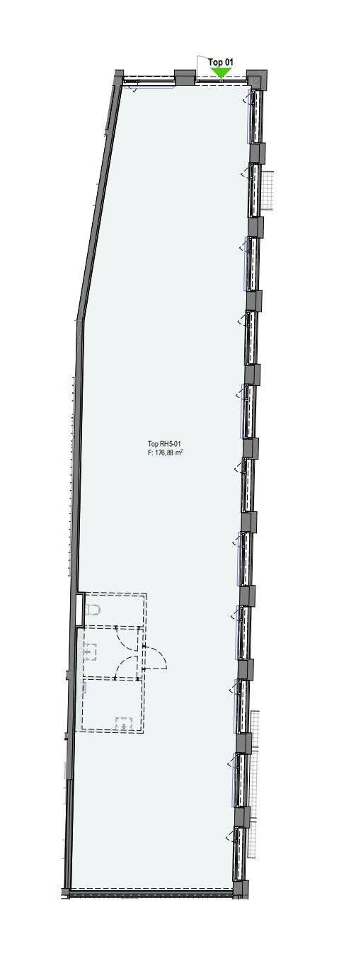 Grundriss eines langen, schmalen Gewerberaums mit Fensterfront und separatem Sanitärbereich.