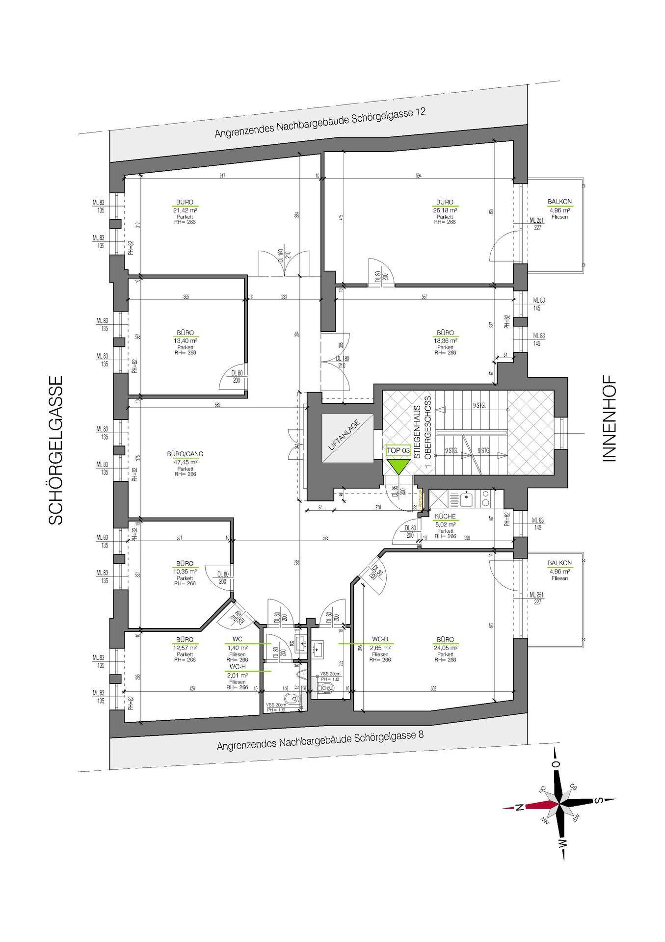 Detaillierter Grundrissplan eines Stockwerks mit mehreren Büroeinheiten und einem zentralen Treppenhaus.