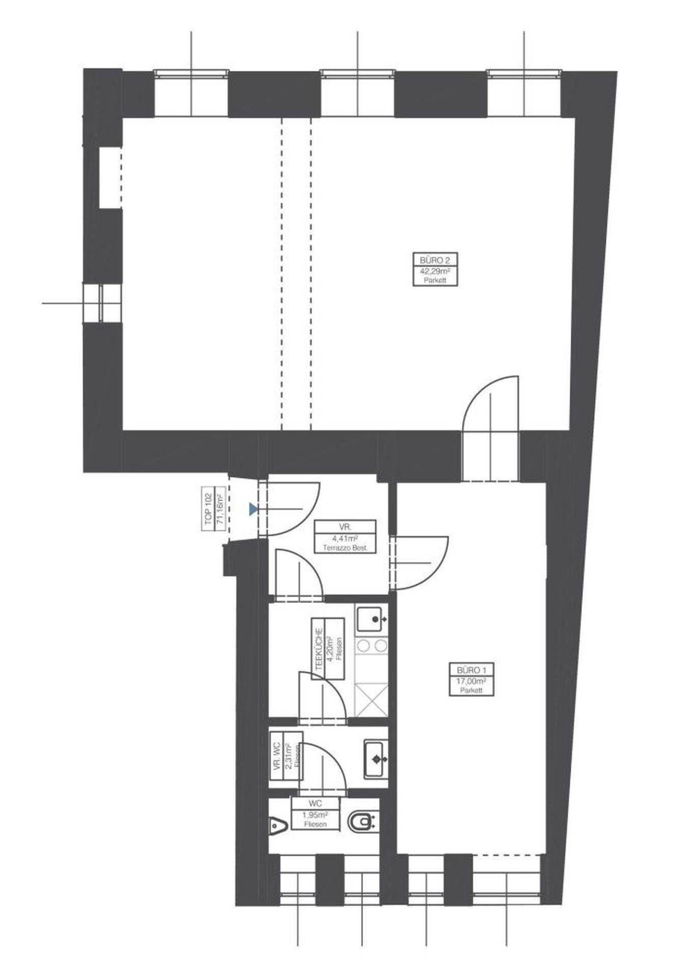 Grundriss einer Wohnung mit zwei Büroräumen, einer Teeküche, Vorraum und separater Toilette.