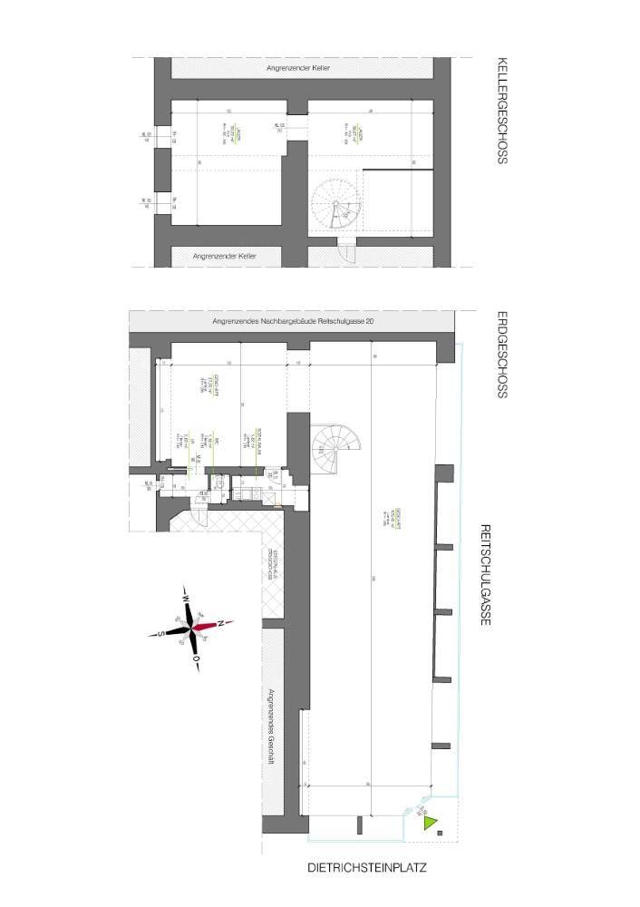 Grundriss des Erdgeschosses und Kellergeschosses mit einer Wendeltreppe und verschiedenen Räumen.